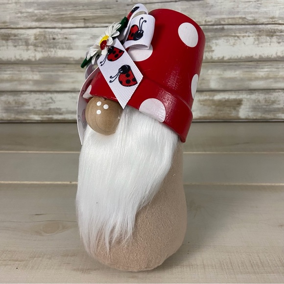Mushroom Gnome Ladybug Bow Daisy Whimsical Red Tan Flannel White Faux Fur Decor - Picture 9 of 11